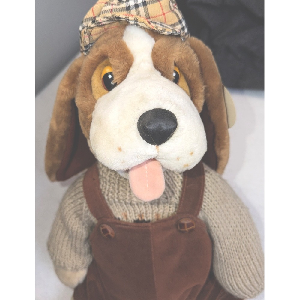 Vintage Style Plush Dog Stuffed Animal Plaid Hat Overalls 15 Inches
